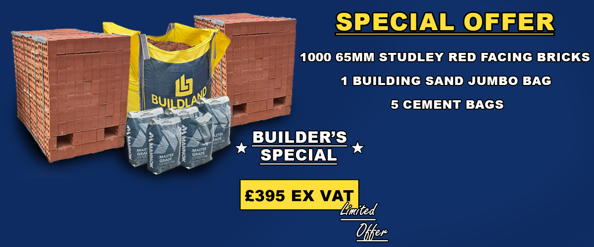 Get our builders bundle of 1000 bricks, 5 bags of cement and 1 jumbo bag of sand for £395 + vat